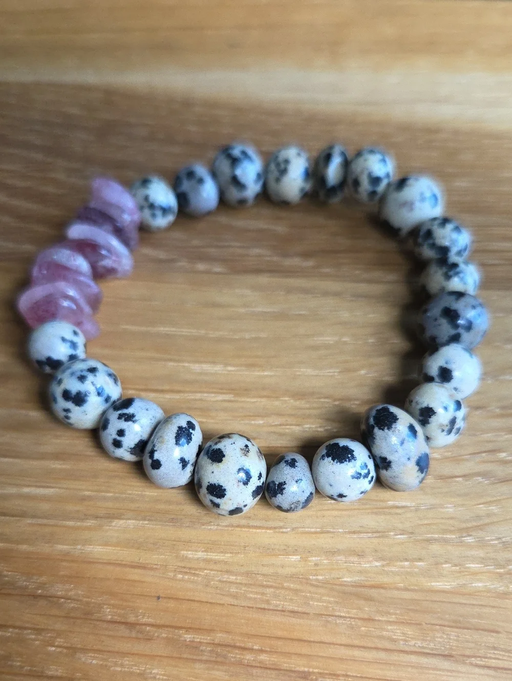 Dalmatian Jasper & Strawberry Quartz Beaded Stretch Bracelet | Handmade